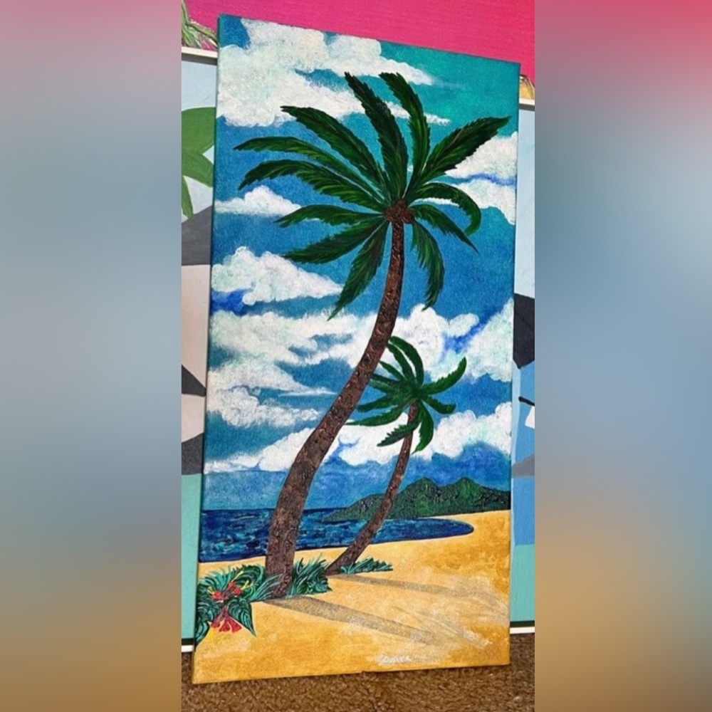 Hand Painted Beach Canvas and Wood Frame Oil Painting